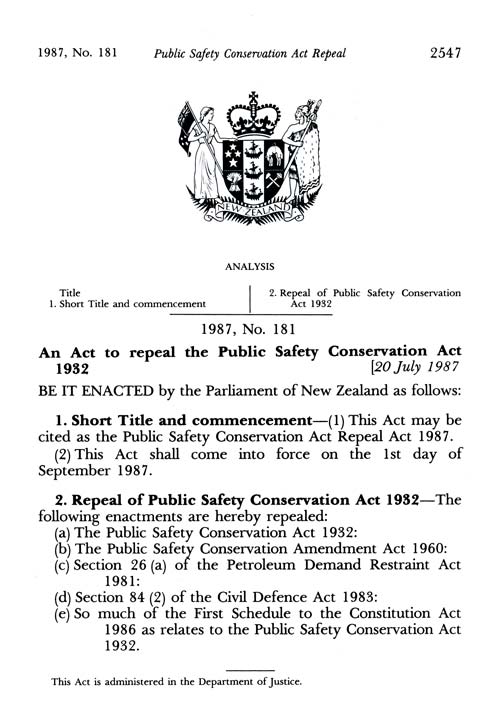 Public Safety Conservation Act Repeal Act 1987