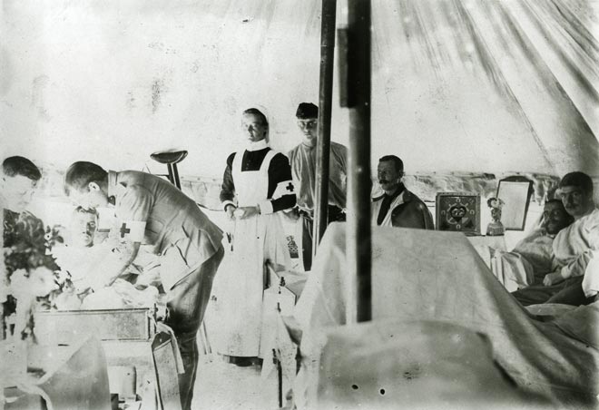 Inside a hospital tent
