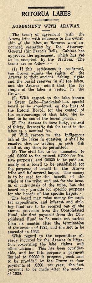 Rotorua lakes agreement, 1922