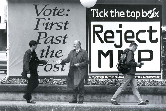 Peter Shirtcliffe handing out anti-MMP leaflets