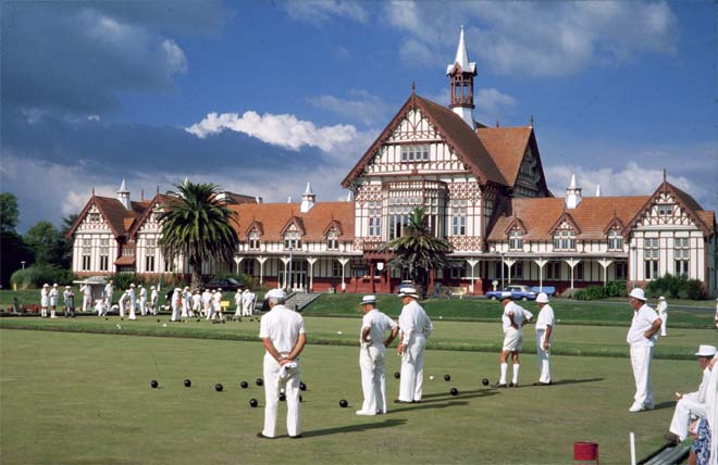 Playing bowls in Rotorua, 1980s
