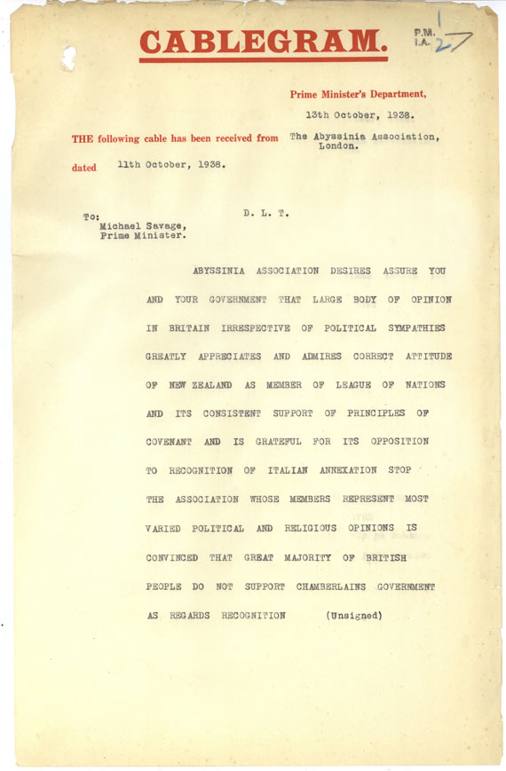 Telegram from the Abyssinia Association, 1938