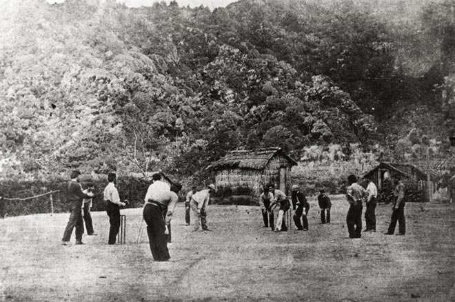 Soldiers playing cricket in Taranaki, about 1866