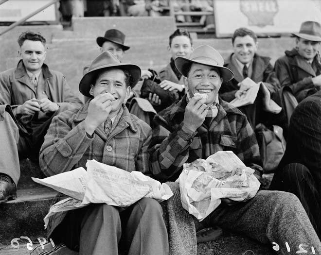 Fish and chips at the rugby, 1950