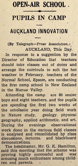 First official school camp, Hūnua, 1938