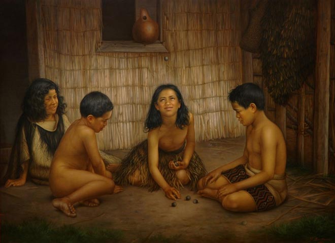 Māori children playing knucklebones