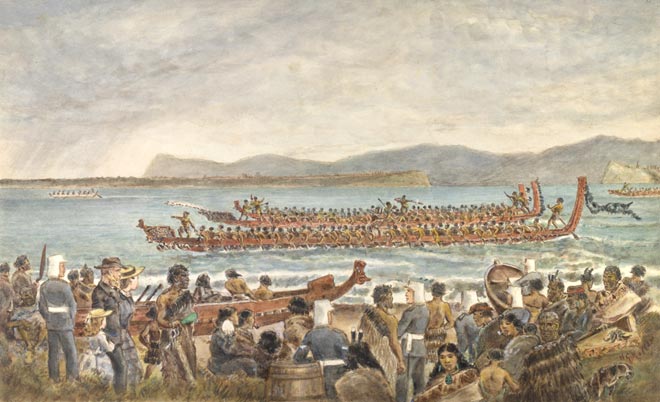 'Maori war canoes racing'