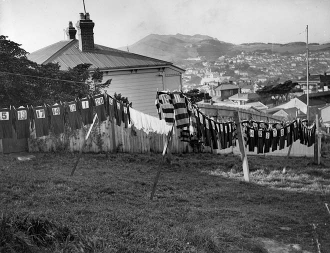 Rugby jerseys on the washing line, Wellington, 1930s
