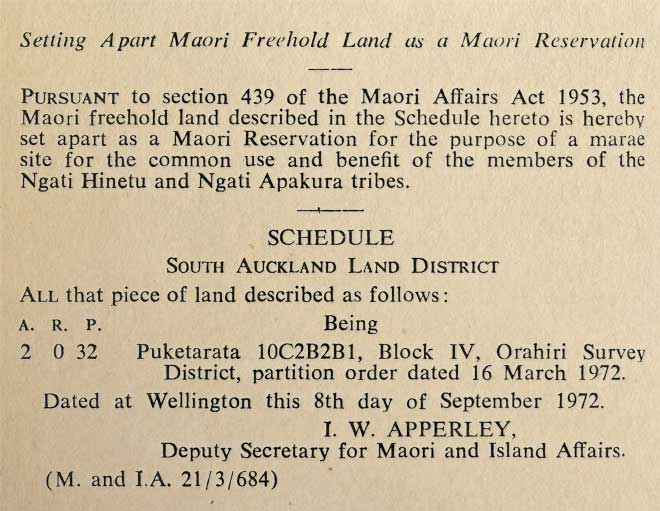 Marae land <i>Gazette</i> notice, 1972