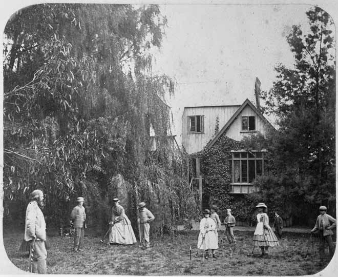 Women and men playing croquet, Canterbury, 1860s