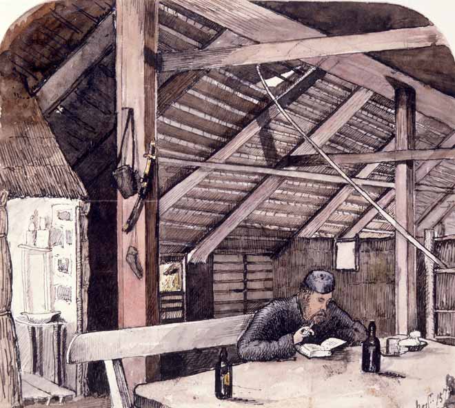Soldier with a pipe, book and drink