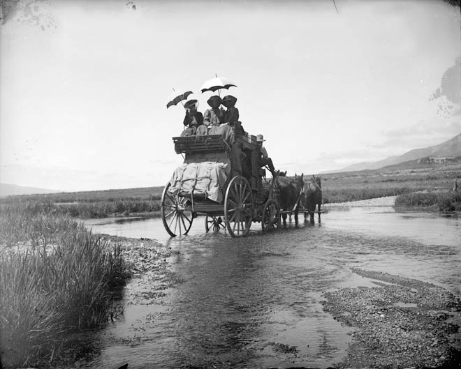 Travelling by horse-drawn coach, 1890s