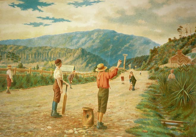 Boys playing cricket, around 1896