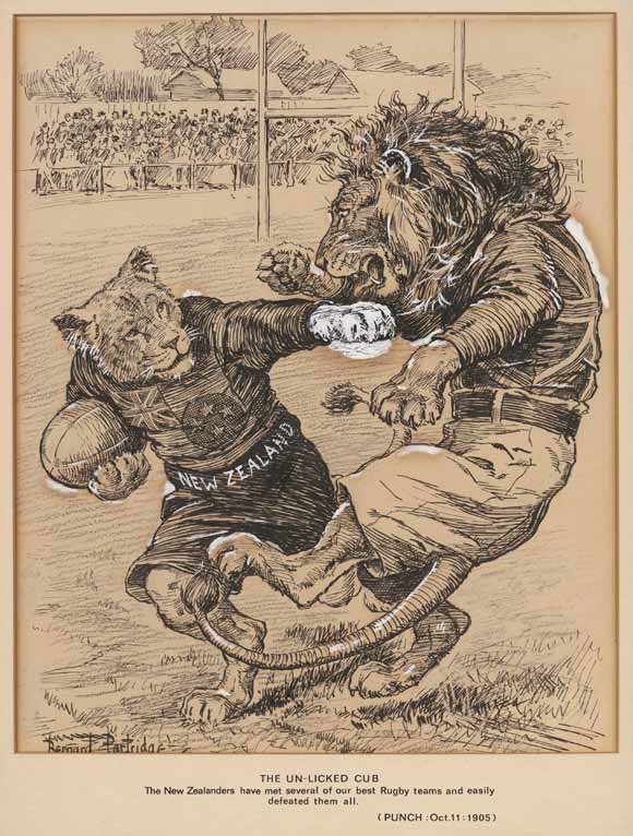 English cartoon about New Zealand rugby team, 1905