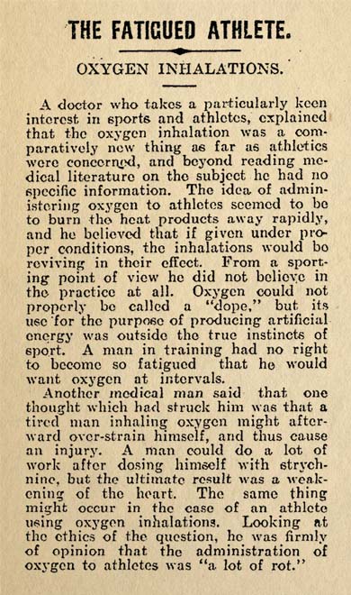 Oxygen inhalation by sportspeople, 1909