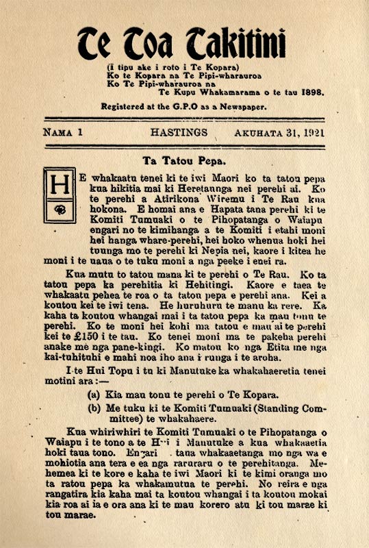 <em>Te Toa Takitini</em>, 1921