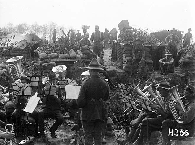 Brass band at the NZ Rifle Brigade camp near Ypres