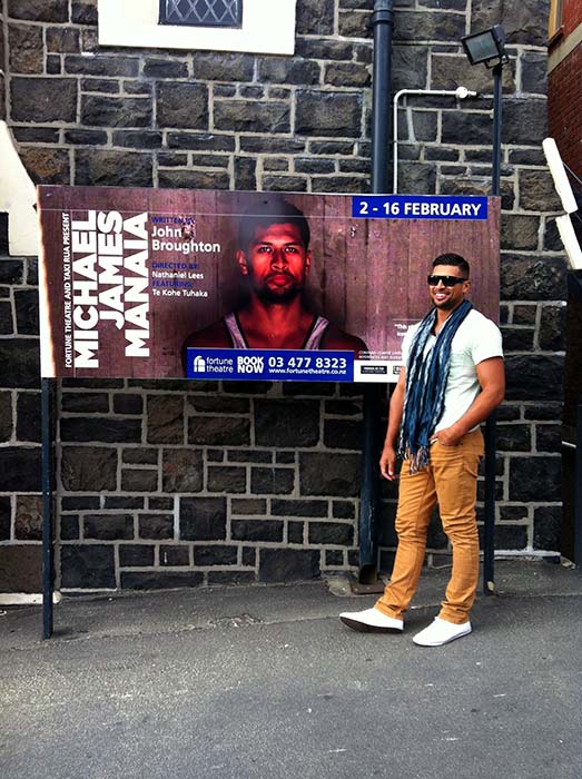 Te Kohe Tuhaka and poster for <em>Michael James Manaia</em>, 2013