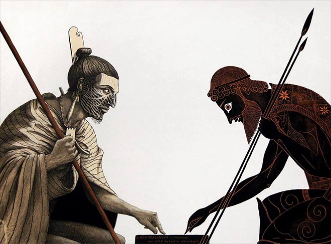 'A New Zealander by Parkinson and Ajax by Exekias play draughts'