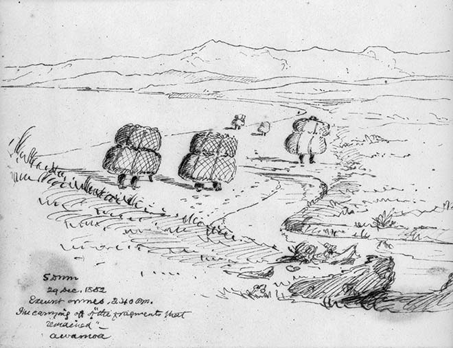 Walter Mantell's sketch of the departure from Awamoa, 1852