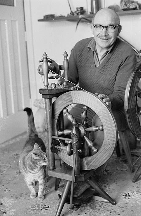 Istvan Nagy with spinning wheel, 1975