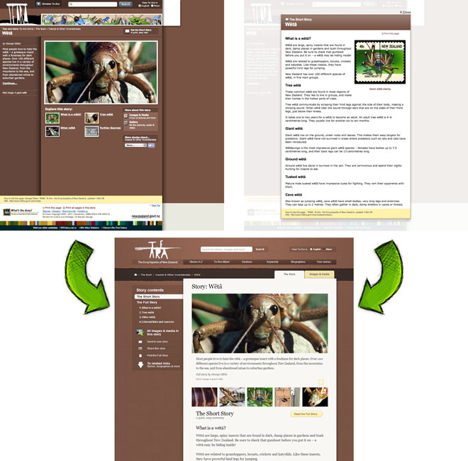 Images showing evolution of the design of a Te Ara page