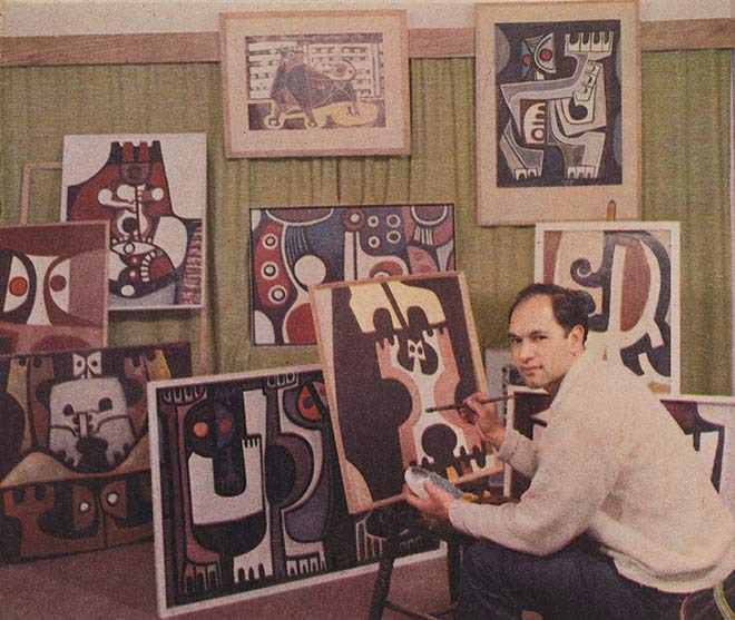 Para Matchitt with paintings, 1965