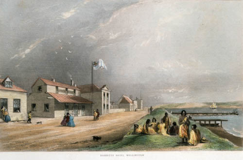A colour lithograph showing several buildings, a road and seawall with several jetties 