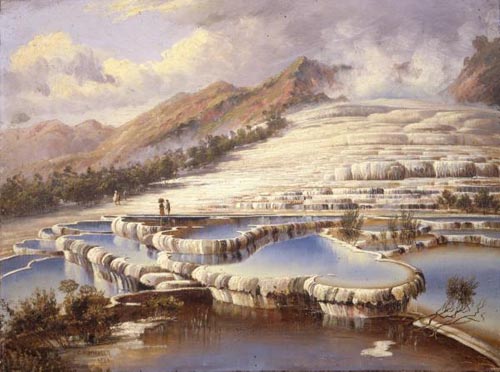 Oil painting of the White Terraces, Lake Rotomahana, by Charles Blomfield, 1888