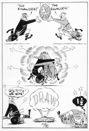 Cartoon by Nevile Sidney Lodge depicting the outcome of the fourth rugby test between New Zealand and South Africa in 1965