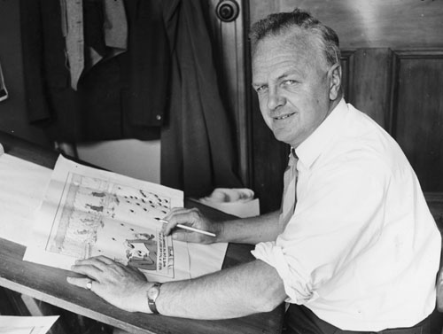 Nevile Lodge at a drawing table, 1959