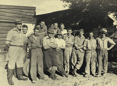 Tom McDonald (far left) with vineyard workers, Taradale, Hawke's Bay