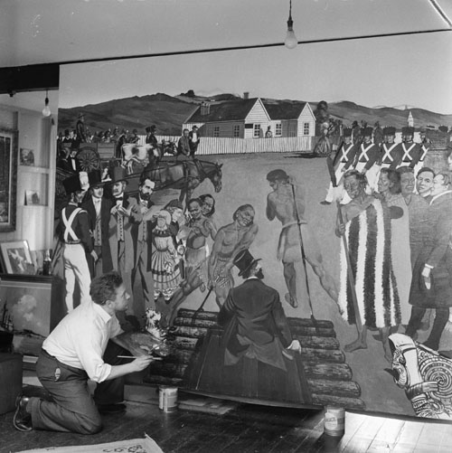 Leonard Mitchell painting a mural, 1950s