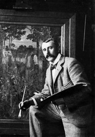 James McLauchlan Nairn with one of his paintings, 1890s