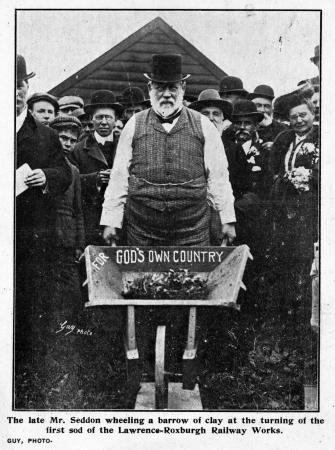 Richard John Seddon wheeling a barrow of clay at the turning of the first sod of the Lawrence-Roxburgh railway works