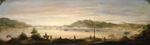Painting of Wellington harbour and town, 1842, by William Mein Smith