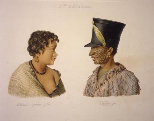 A colour painting showing the the head and shoulders of Maori woman and a Maori man 