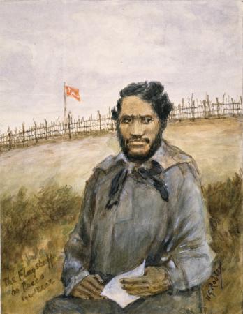 A painting of Henare Taratoa in front of palisade fencing and a flag
