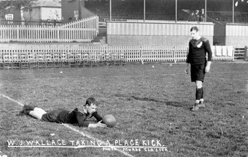 Ace rugby player William Joseph Wallace (right) lines up a goal kick