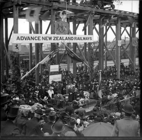 Sir Joseph George Ward (standing, centre) laying the foundation stone of Dunedin Railway Station, 1904