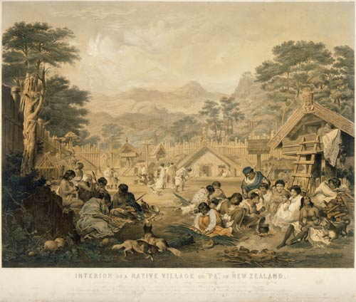 Māori village with dogs