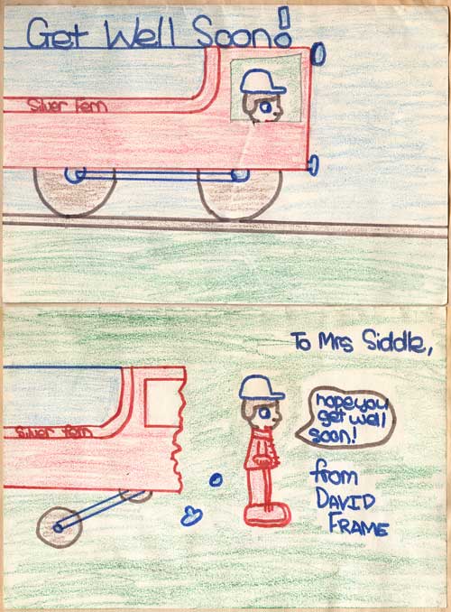 Child's drawing of a Get Well Soon card from David Frame showing a Silver Fern train after the crash