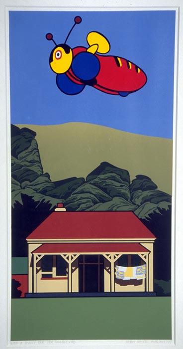 Painting of buzzy bee above villa in rural setting