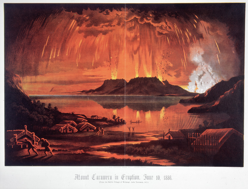 Mountain erupting with fire and smoke behind lake and people fleeing in the foreground