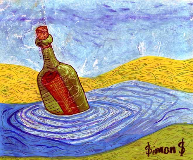 Drawing of a message in a bottle
