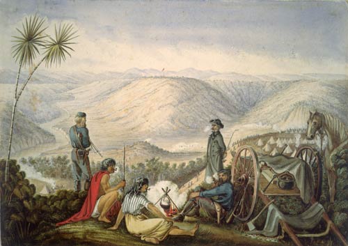 'Encampment of Chute's forces near Pūtahi pā, on the    Whenuakura River'