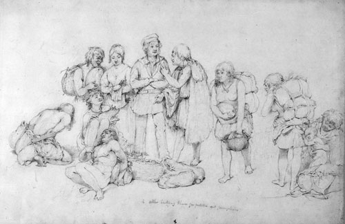 A settler bartering tobacco for potatoes and pumpkin