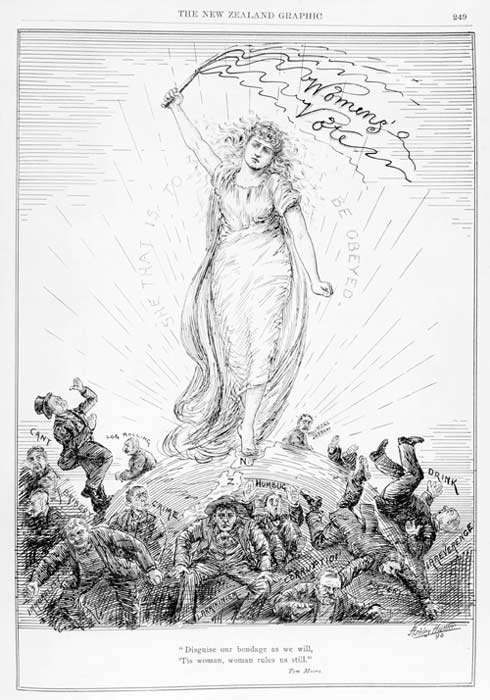 Woman standing on top of the globe at New Zealand holding Women's vote banner