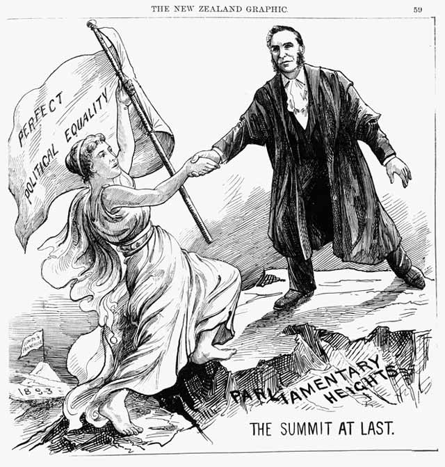 Cartoon of woman holding flag declaring Perfect Political Equality being helped by man up to the 'Parliamentary heights'
