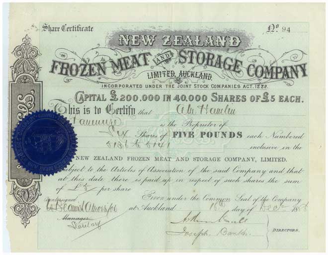 Frozen meat company share certificate